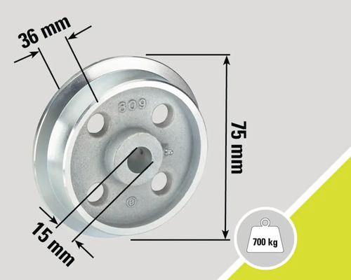 Rolle mit den Maßen 75 mm x 36 mm x 15 mm, maximale Belastung 700 kg
