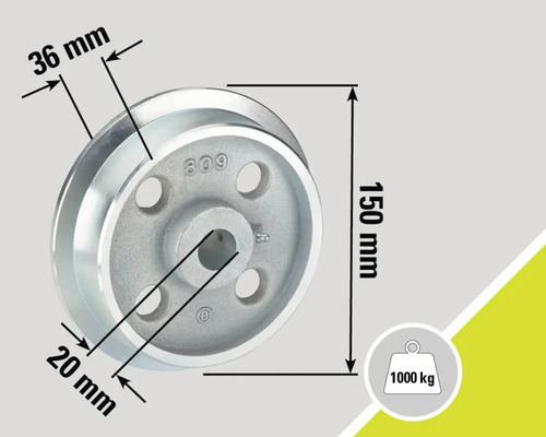 Seilrolle mit den Maßen 150 mm Höhe, 36 mm und 20 mm Breite, maximale Traglast 1000 kg