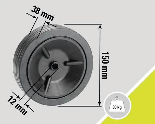 Rad mit den Maßen 150 mm Höhe, 38 mm Laufflächenbreite, 12 mm Achsloch und 30 kg Traglast