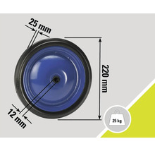 Rad mit den Maßen 220 mm Durchmesser, 25 mm Reifenbreite und 12 mm Bohrung für eine maximale Belastung von 25 kg