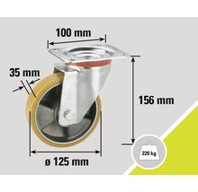 "Lenkrolle mit den Maßen 100 mm mal 100 mm Montageplatte, 125 mm Raddurchmesser, 35 mm Radbreite und 156 mm Bauhöhe