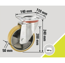 Lenkrolle mit den Maßen 140 mm mal 110 mm, einer Radbreite von 50 mm und einer Traglast von 300 kg.