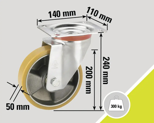 Lenkrolle mit den Maßen 140 mm mal 110 mm, einer Radbreite von 50 mm und einer Traglast von 300 kg.
