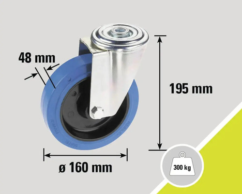 Lenkrolle mit einem Durchmesser von 160 mm, einer Radbreite von 48 mm und einer Traglast von 300 kg