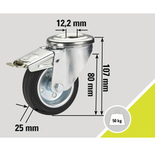 Lenkrolle mit Feststeller und Maßangaben: 12,2 mm, 25 mm, 80 mm, 107 mm und Traglast 50 kg
