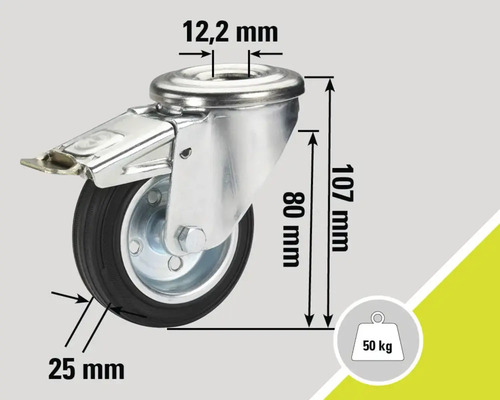 Lenkrolle mit Feststeller und Maßangaben: 12,2 mm, 25 mm, 80 mm, 107 mm und Traglast 50 kg