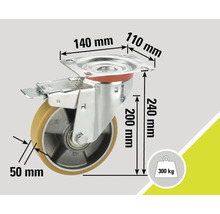 Lenkrolle mit Feststeller und Maßangaben: 140 mm x 110 mm Montageplatte, 240 mm Höhe, 200 mm Raddurchmesser, 50 mm Radbreite, Traglast 300 kg