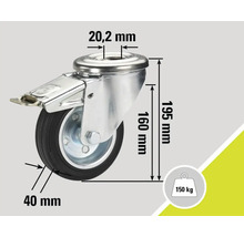 Lenkrolle mit Feststeller, Maße 195 mm Höhe, 40 mm Raddurchmesser, 20,2 mm Lochabstand, Traglast 150 kg