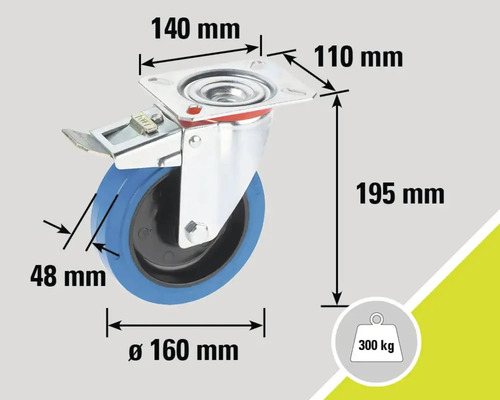 Rollenbock mit Feststeller und Maßangaben