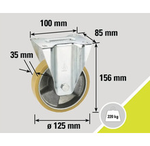 Lenkrolle mit den Maßen 100 mm mal 85 mm, Raddurchmesser 125 mm, Radbreite 35 mm, Bauhöhe 156 mm und Tragkraft 220 kg