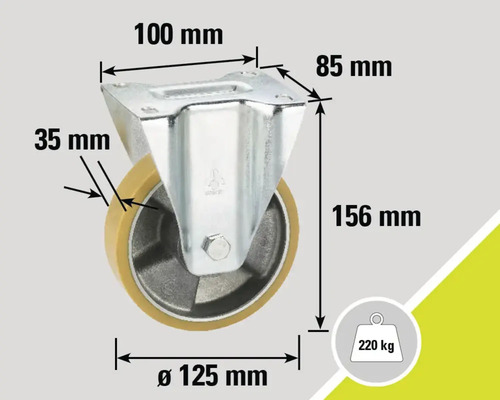 Lenkrolle mit den Maßen 100 mm mal 85 mm, Raddurchmesser 125 mm, Radbreite 35 mm, Bauhöhe 156 mm und Tragkraft 220 kg