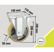 Rollenbild mit Maßangaben: 140 mm, 110 mm, 240 mm, 200 mm, 50 mm. Maximale Traglast 300 kg.