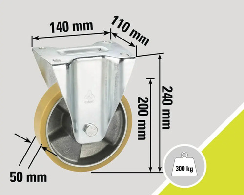 Rollenbild mit Maßangaben: 140 mm, 110 mm, 240 mm, 200 mm, 50 mm. Maximale Traglast 300 kg.