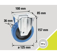 Lenkrolle mit den Maßen 100 mm mal 85 mm, Raddurchmesser 125 mm, Bauhöhe 157 mm und Tragkraft 200 kg