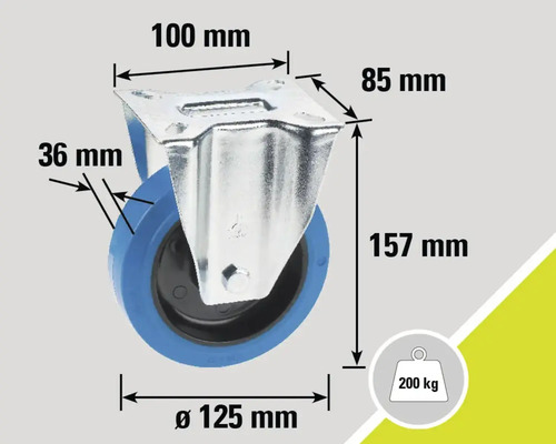 Lenkrolle mit den Maßen 100 mm mal 85 mm, Raddurchmesser 125 mm, Bauhöhe 157 mm und Tragkraft 200 kg