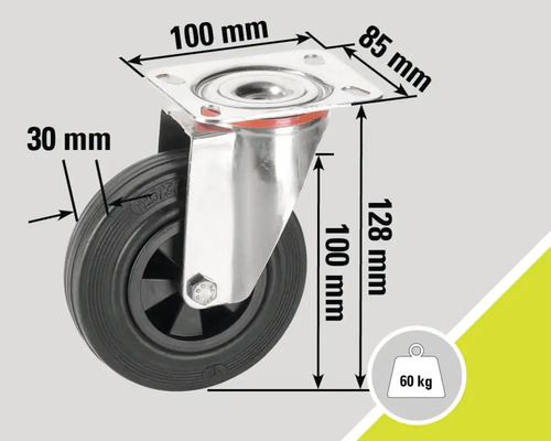Lenkrolle mit den Maßen 100 x 85 Millimeter für die Montage, 128 Millimeter Höhe, 100 Millimeter Raddurchmesser und 30 Millimeter Radbreite, Traglast 60 Kilogramm