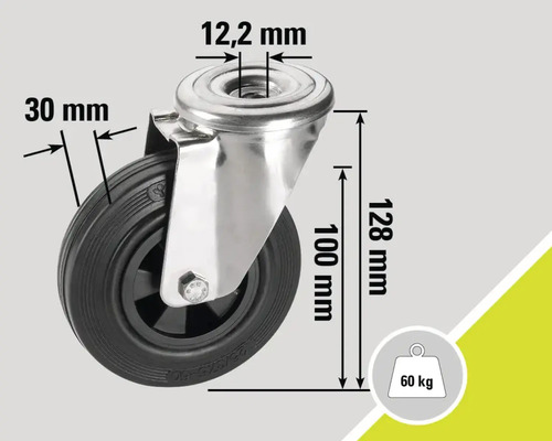 Lenkrolle mit den Maßen 12,2 mm, 30 mm, 100 mm, 128 mm und einer Traglast von 60 kg