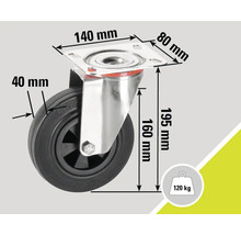 "Lenkrolle mit den Maßen 40 Millimeter, 80 Millimeter, 140 Millimeter und 195 Millimeter