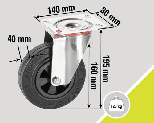 "Lenkrolle mit den Maßen 40 Millimeter, 80 Millimeter, 140 Millimeter und 195 Millimeter