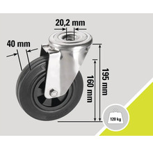 Lenkrolle mit den Maßen 40 Millimeter, 20,2 Millimeter, 160 Millimeter und 195 Millimeter, Traglast 120 Kilogramm
