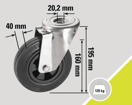 Lenkrolle mit den Maßen 40 Millimeter, 20,2 Millimeter, 160 Millimeter und 195 Millimeter, Traglast 120 Kilogramm