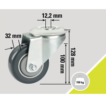 Lenkrolle mit den Maßen 12,2 mm, 32 mm, 100 mm und 128 mm und einer Traglast von 150 kg