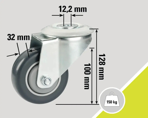 Lenkrolle mit den Maßen 12,2 mm, 32 mm, 100 mm und 128 mm und einer Traglast von 150 kg