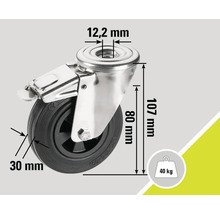 Rolle mit Bremse und Maßangaben: 12,2 mm, 30 mm, 80 mm und 107 mm, maximale Belastung 40 Kilogramm