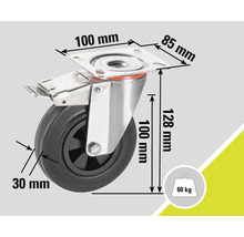 Lenkrolle mit Feststeller und den Maßen 100 x 85 x 128 Millimeter, Traglast 60 Kilogramm