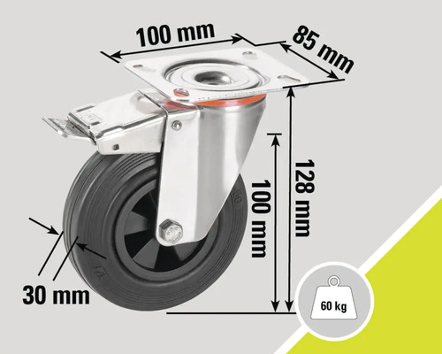 Lenkrolle mit Feststeller und den Maßen 100 x 85 x 128 Millimeter, Traglast 60 Kilogramm