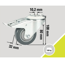 Lenkrolle mit Feststeller und Maßangaben.