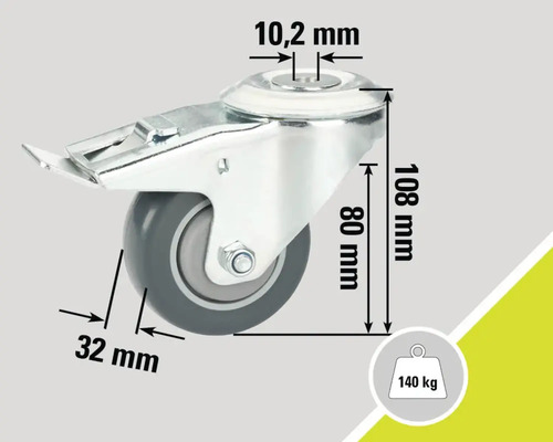 Lenkrolle mit Feststeller und Maßangaben.