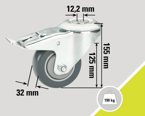Lenkrolle mit Feststeller und Maßangaben: 12,2 mm, 32 mm, 125 mm, 155 mm, Traglast 190 kg