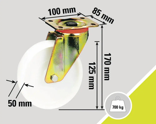 Lenkrolle mit den Maßen 170 mm Höhe, 50 mm Raddurchmesser, 100 x 85 mm Montageplatte und einer Traglast von 700 kg