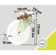 Rolle mit Drehplatte und Bremsfunktion mit den Maßen 140 mm x 110 mm, Raddurchmesser 50 mm und Belastbarkeit bis 700 kg.