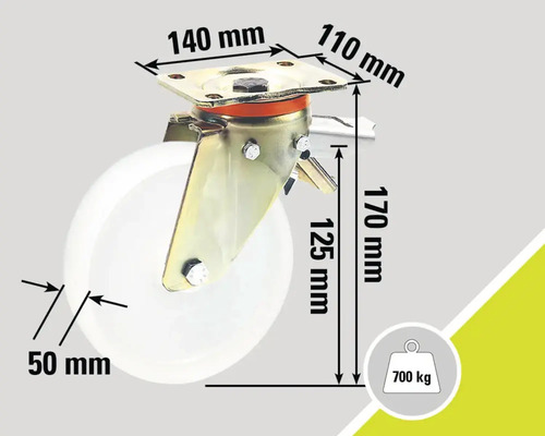 Rolle mit Drehplatte und Bremsfunktion mit den Maßen 140 mm x 110 mm, Raddurchmesser 50 mm und Belastbarkeit bis 700 kg.