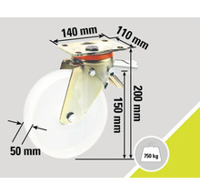 Lenkrolle mit Feststeller und den Maßangaben 140 mm, 110 mm, 200 mm, 150 mm und 50 mm, Belastbarkeit 750 kg