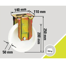Abmessungen Lenkrolle: 140 mm x 110 mm, Rad-Durchmesser 200 mm, Bauhöhe 250 mm, Radbreite 50 mm, Tragkraft 750 kg