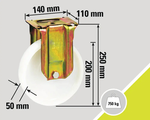 Abmessungen Lenkrolle: 140 mm x 110 mm, Rad-Durchmesser 200 mm, Bauhöhe 250 mm, Radbreite 50 mm, Tragkraft 750 kg