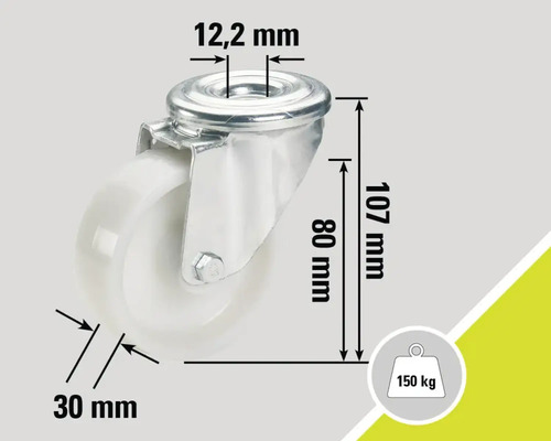 Rollen-Detailansicht mit Maßangaben: 12,2 mm, 107 mm, 80 mm, 30 mm, maximale Belastung 150 kg.