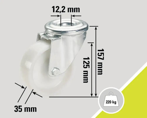 Rolle mit den Maßen 12,2 mm, 35 mm, 125 mm und 157 mm, Traglast 220 kg