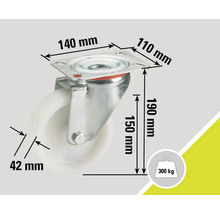 Lenkrolle mit den Maßen 140 mm x 110 mm, einer Höhe von 190 mm, einer Bauhöhe von 150 mm, einer Radbreite von 42 mm und einer Traglast von 300 kg
