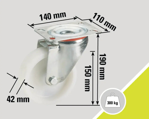 Lenkrolle mit den Maßen 140 mm x 110 mm, einer Höhe von 190 mm, einer Bauhöhe von 150 mm, einer Radbreite von 42 mm und einer Traglast von 300 kg