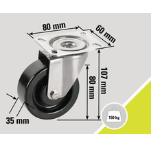 Lenkrolle mit den Massen 80 Millimeter, 60 Millimeter, 107 Millimeter und 35 Millimeter, Tragkraft 150 Kilogramm