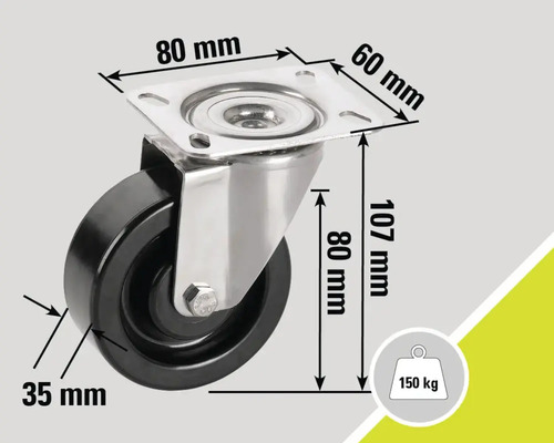 Lenkrolle mit den Massen 80 Millimeter, 60 Millimeter, 107 Millimeter und 35 Millimeter, Tragkraft 150 Kilogramm