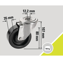 Lenkrolle mit den Massen 12,2 mm, 35 mm, 80 mm, 107 mm und einer Traglast von 150 kg