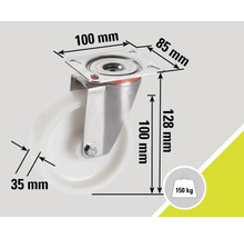 Lenkrolle mit den Massen 100 mm x 85 mm, 128 mm Höhe, 35 mm Raddicke und 150 Kilogramm Traglast