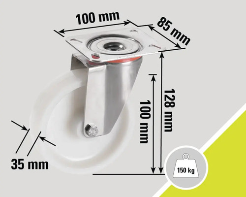 Lenkrolle mit den Massen 100 mm x 85 mm, 128 mm Höhe, 35 mm Raddicke und 150 Kilogramm Traglast