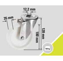 Lenkrolle mit den Massen 12,2 mm, 35 mm, 100 mm und 128 mm, Belastbarkeit bis 150 kg