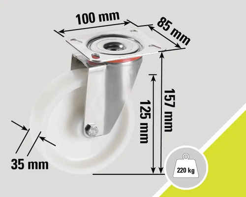 Rolle mit den Massangaben: 100 mm, 85 mm, 157 mm, 125 mm und 35 mm. Maximale Belastbarkeit 220 kg.